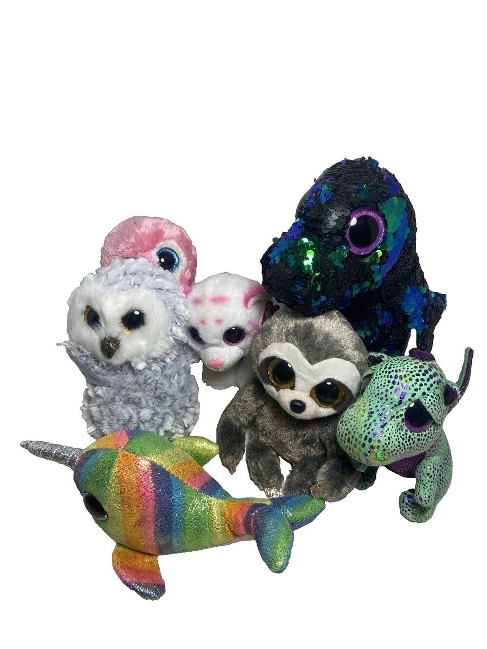 Ty Beanie Boos 7 pc Lot Collection Crunch Cinder Dangler Nori Owlette Tusk Tabor